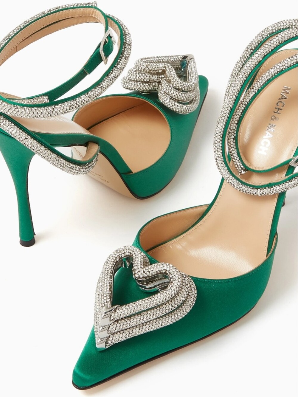 MACH & MACH Emerald Satin Pointed Slingback Heels with Crystal Hearts